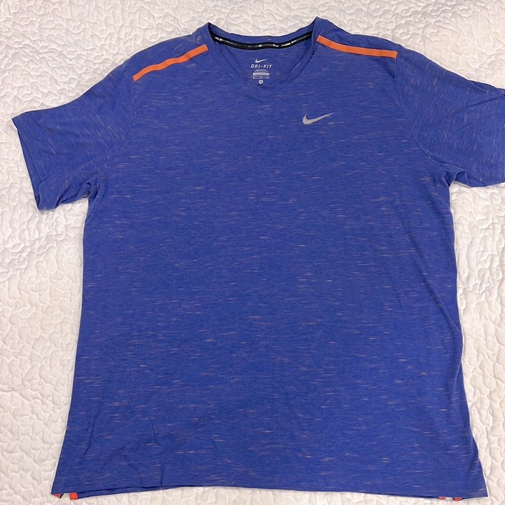 Nike dri fit v neck heathered blue shirt sleeve t shirt XL casual orange accents